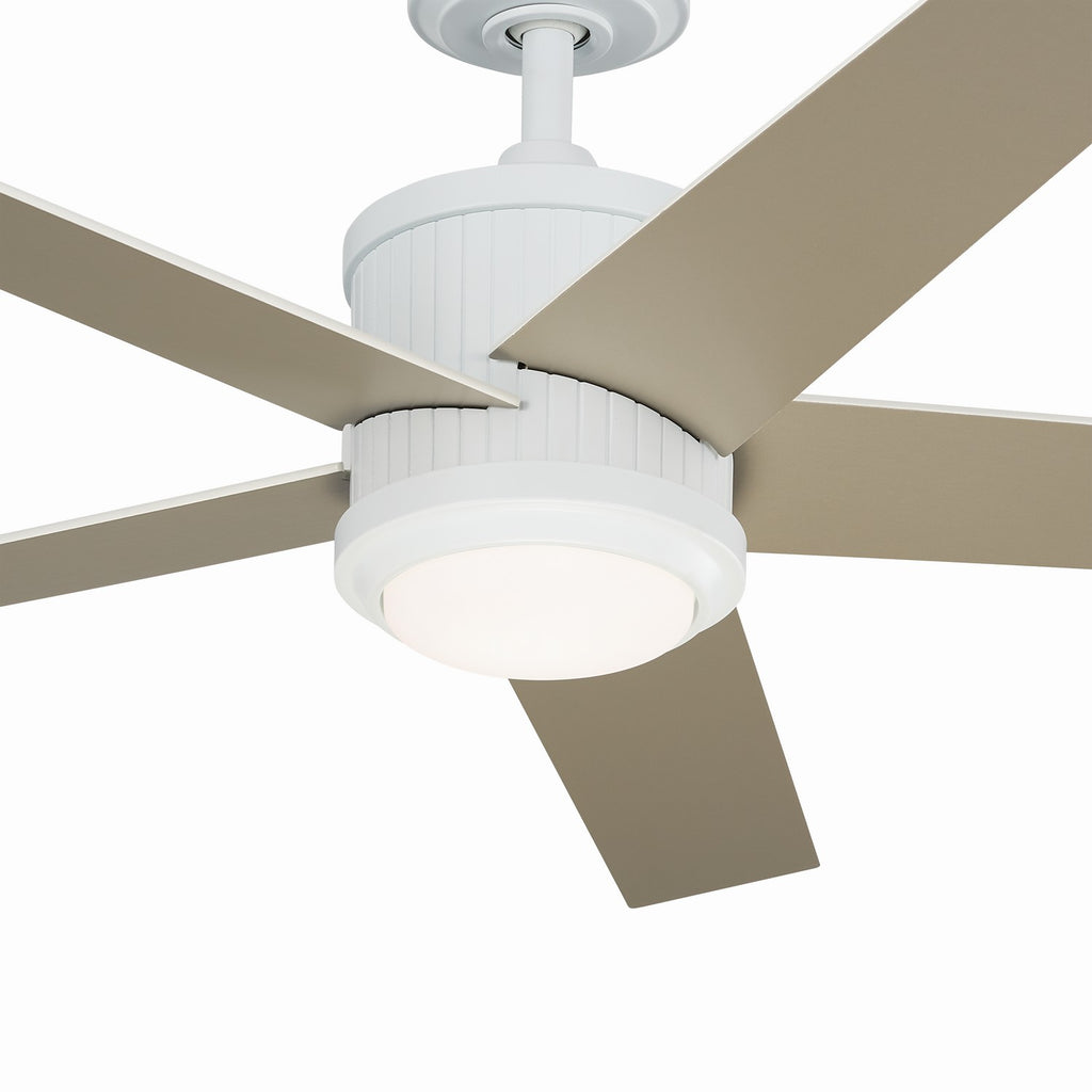 KICHLER 300048MWH 48 Inch Brahm 5 Blade Indoor Ceiling Fan With Etched Cased Opal Glass In Matte White With Reversible Matte White And Silver Blade