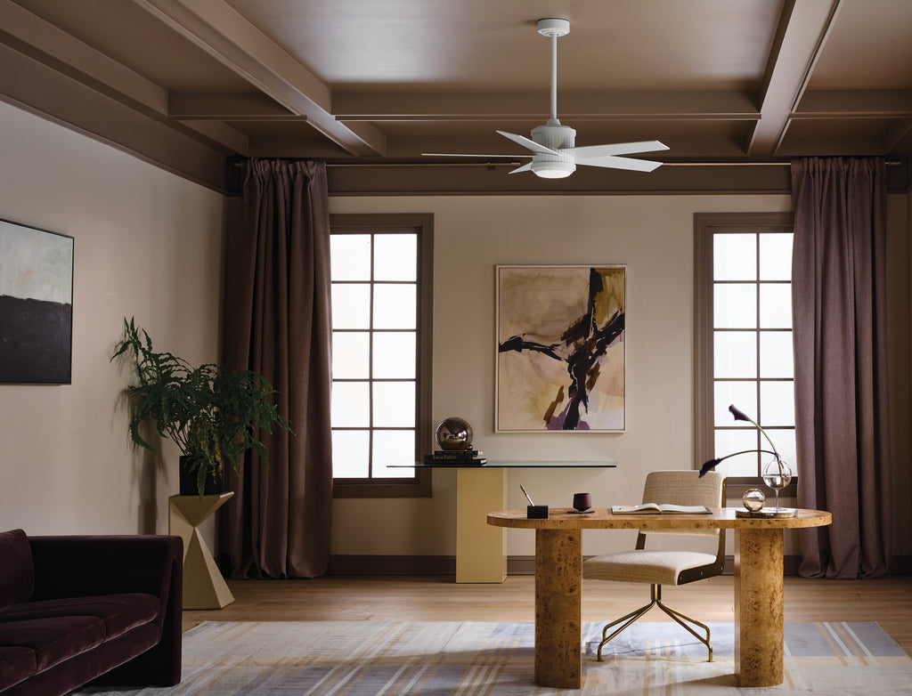 KICHLER 300048MWH 48 Inch Brahm 5 Blade Indoor Ceiling Fan With Etched Cased Opal Glass In Matte White With Reversible Matte White And Silver Blade