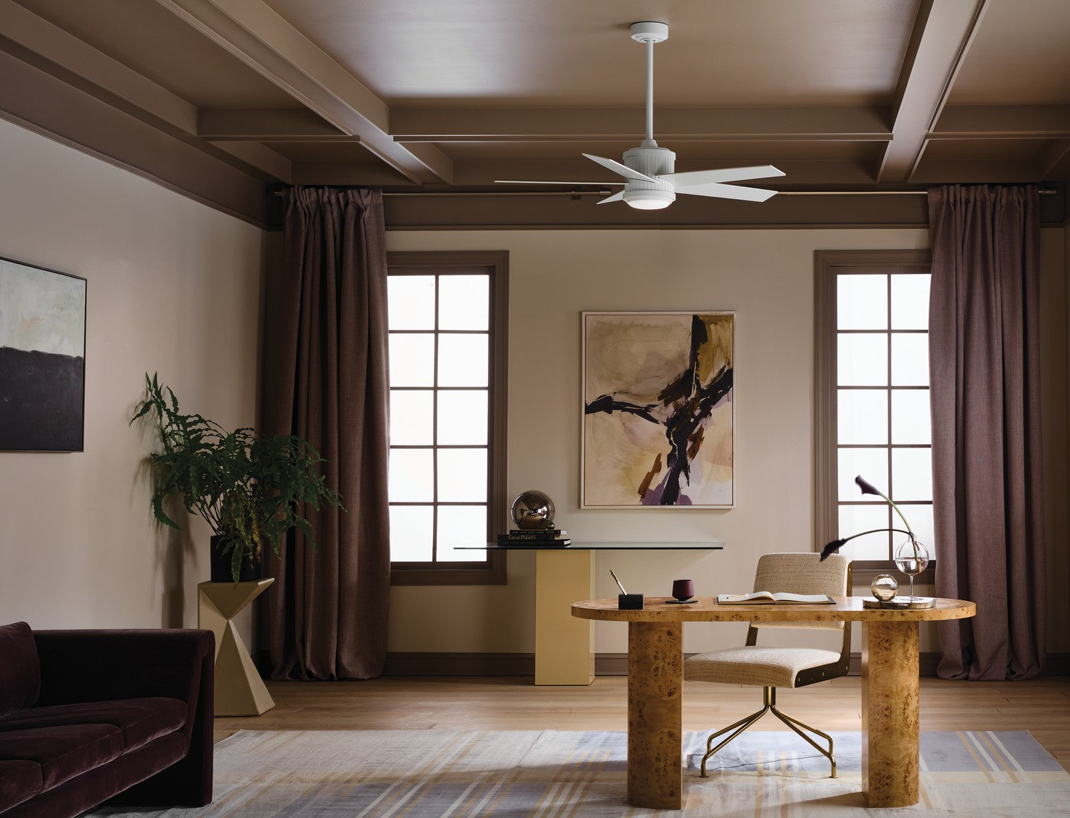 KICHLER 300048MWH 48 Inch Brahm 5 Blade Indoor Ceiling Fan With Etched Cased Opal Glass In Matte White With Reversible Matte White And Silver Blade