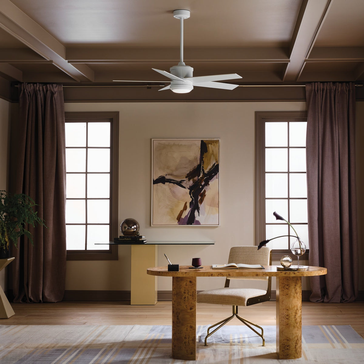 KICHLER 300048MWH 48 Inch Brahm 5 Blade Indoor Ceiling Fan With Etched Cased Opal Glass In Matte White With Reversible Matte White And Silver Blade