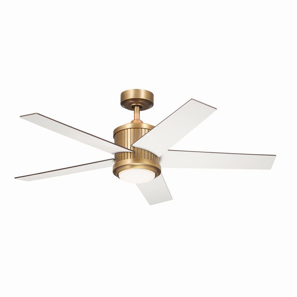 KICHLER 300048NBR 48 Inch Brahm 5 Blade Indoor Ceiling Fan With Etched Cased Opal Glass In Natural Brass With Reversible Walnut And White Blades