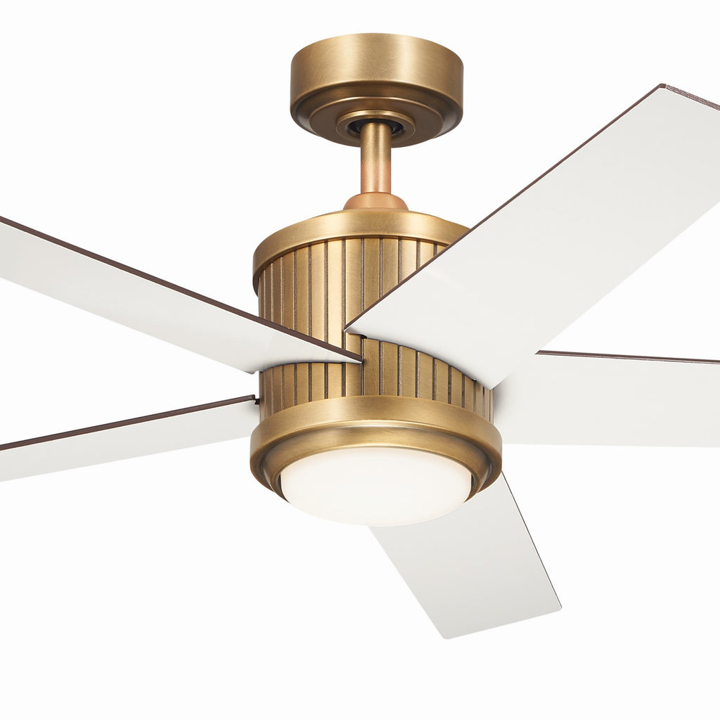 KICHLER 300048NBR 48 Inch Brahm 5 Blade Indoor Ceiling Fan With Etched Cased Opal Glass In Natural Brass With Reversible Walnut And White Blades