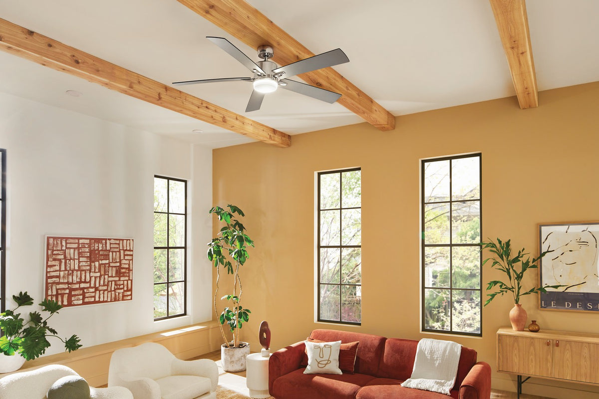 KICHLER 330060PN 60 Inch Lucian Elite Xl 5 Blade Indoor Ceiling Fan With Etched Cased Opal Glass In Polished Nickel With Reversible Black And Silver Blades