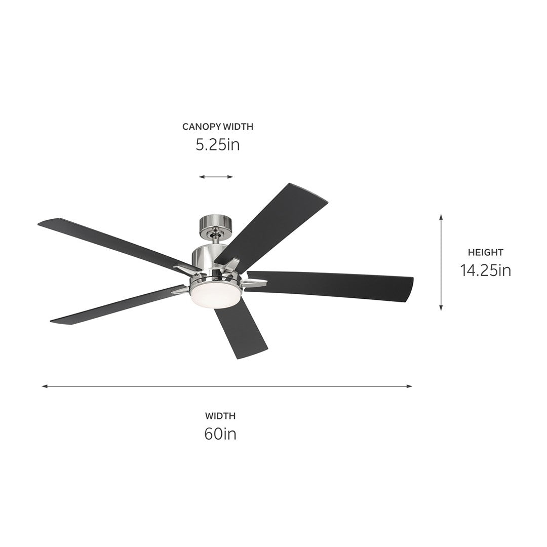 KICHLER 330060PN 60 Inch Lucian Elite Xl 5 Blade Indoor Ceiling Fan With Etched Cased Opal Glass In Polished Nickel With Reversible Black And Silver Blades