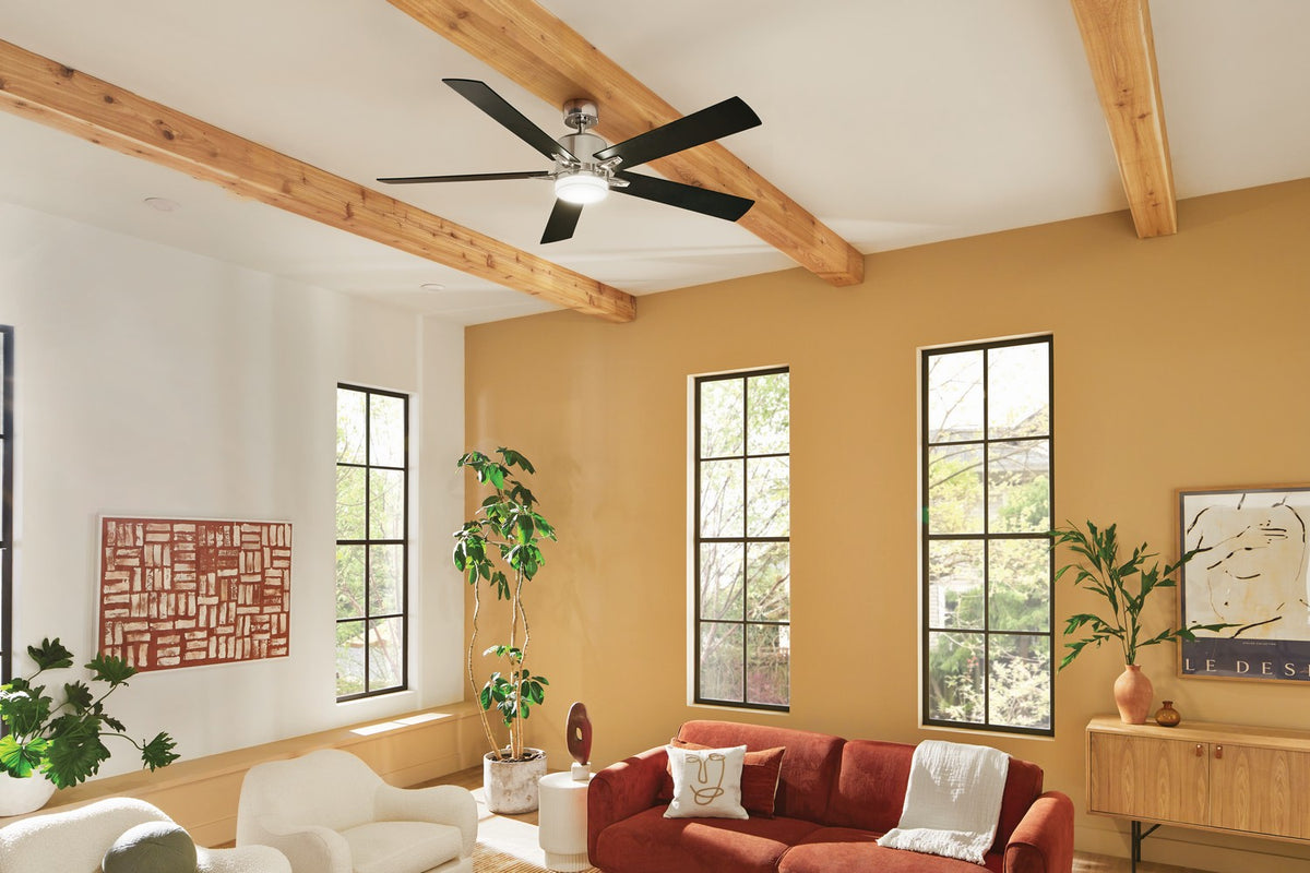 KICHLER 330060PN 60 Inch Lucian Elite Xl 5 Blade Indoor Ceiling Fan With Etched Cased Opal Glass In Polished Nickel With Reversible Black And Silver Blades