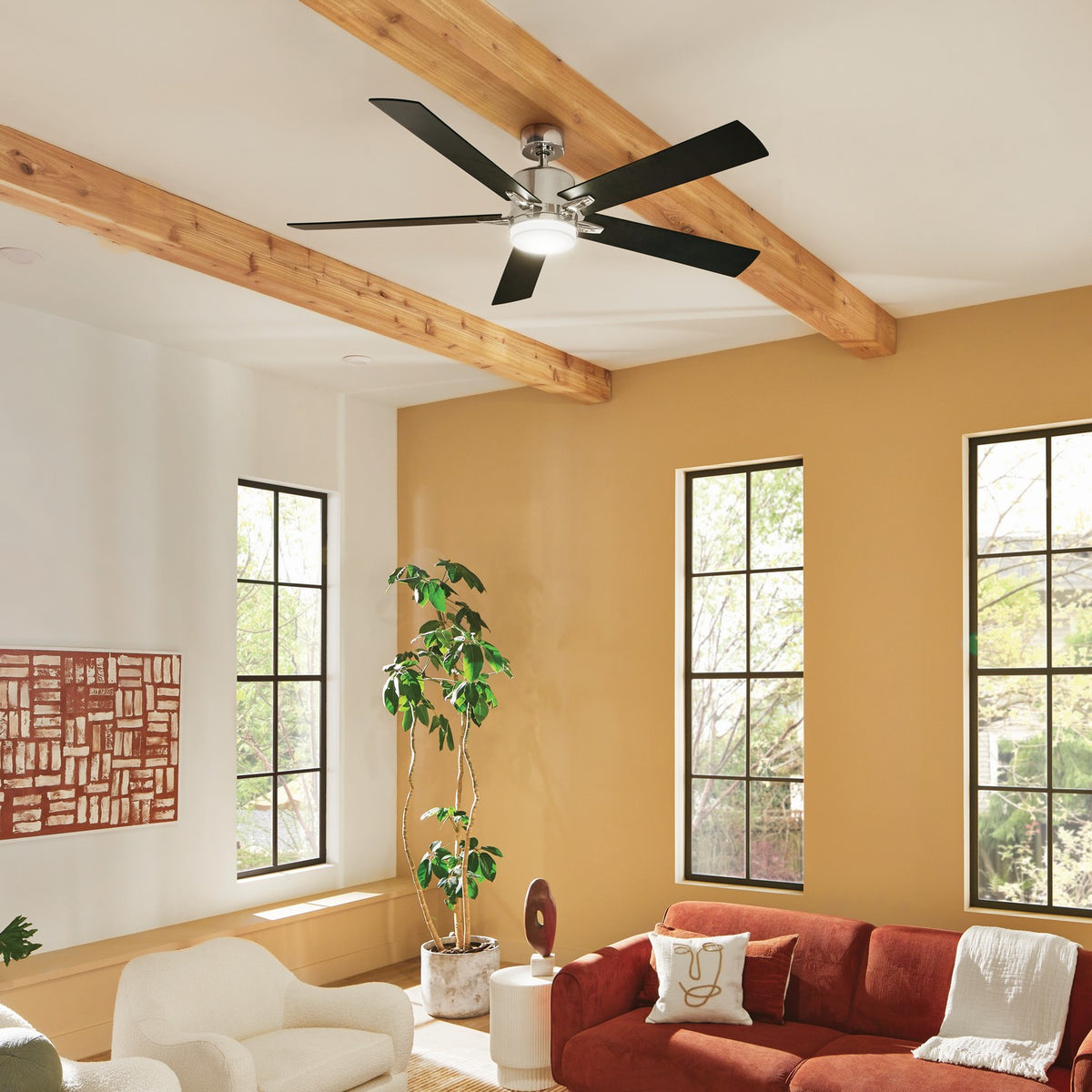 KICHLER 330060PN 60 Inch Lucian Elite Xl 5 Blade Indoor Ceiling Fan With Etched Cased Opal Glass In Polished Nickel With Reversible Black And Silver Blades