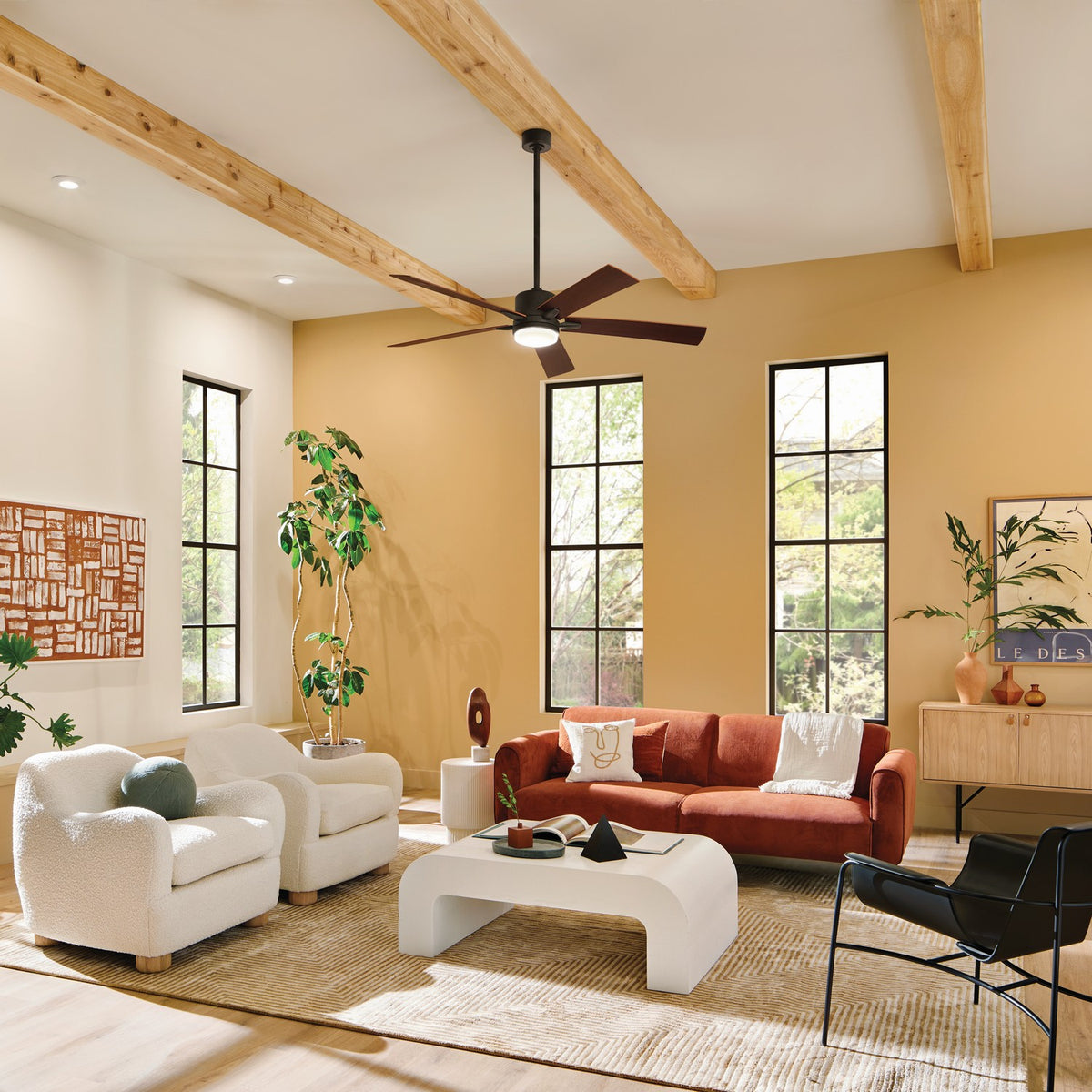 KICHLER 330060OZ 60 Inch Lucian Elite Xl 5 Blade Indoor Ceiling Fan With Etched Cased Opal Glass In Olde Bronze With Reversible Walnut And Cherry Blades