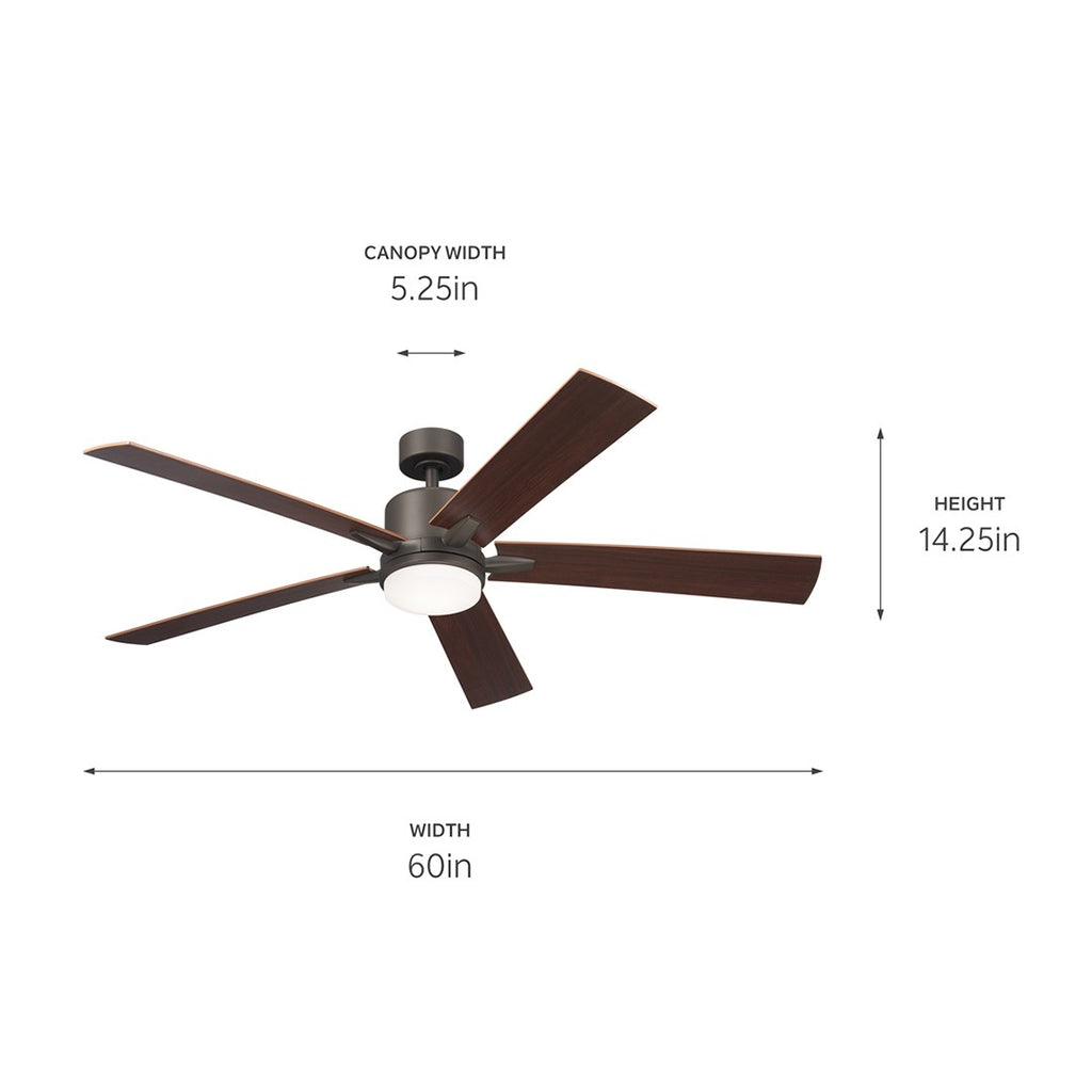 KICHLER 330060OZ 60 Inch Lucian Elite Xl 5 Blade Indoor Ceiling Fan With Etched Cased Opal Glass In Olde Bronze With Reversible Walnut And Cherry Blades