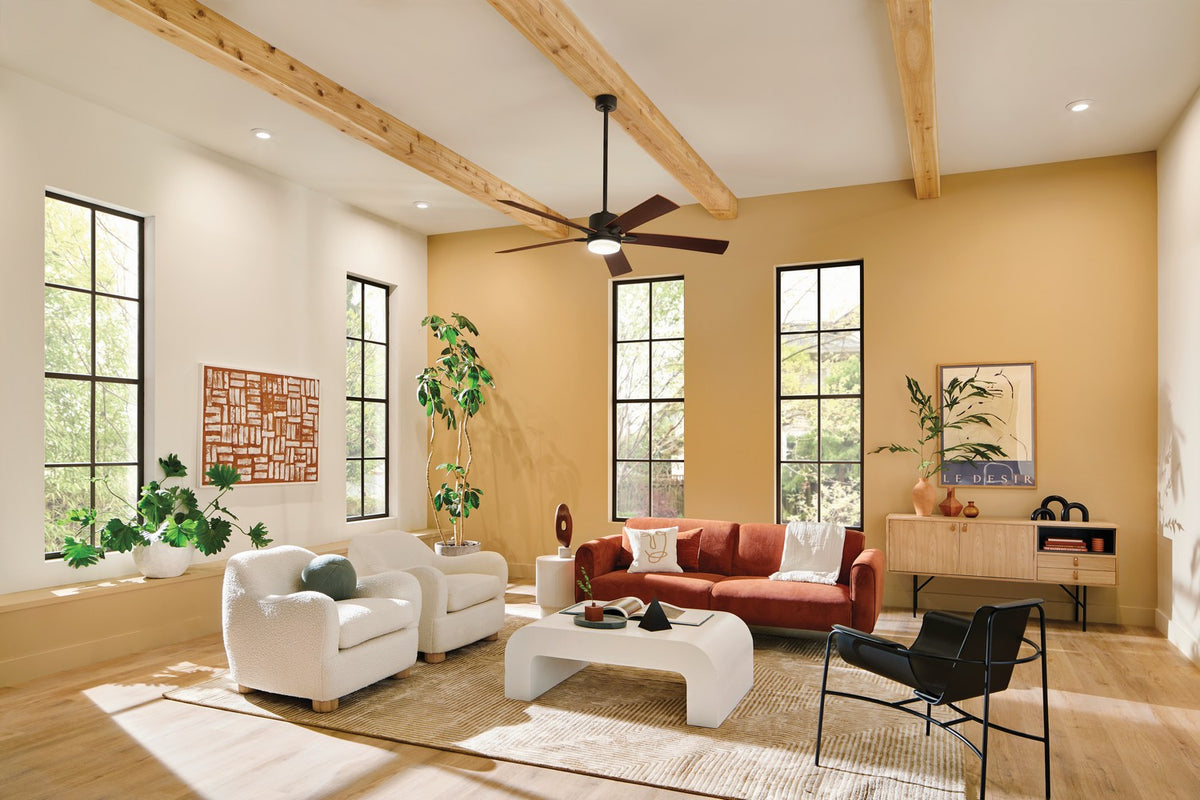 KICHLER 330060OZ 60 Inch Lucian Elite Xl 5 Blade Indoor Ceiling Fan With Etched Cased Opal Glass In Olde Bronze With Reversible Walnut And Cherry Blades