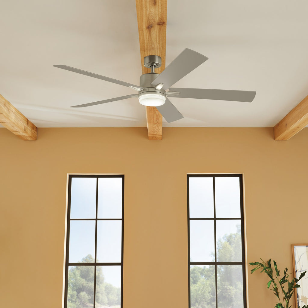 KICHLER 330060NI 60 Inch Lucian Elite Xl 5 Blade Indoor Ceiling Fan With Etched Cased Opal Glass In Brushed Nickel With Reversible Walnut And Silver Blades