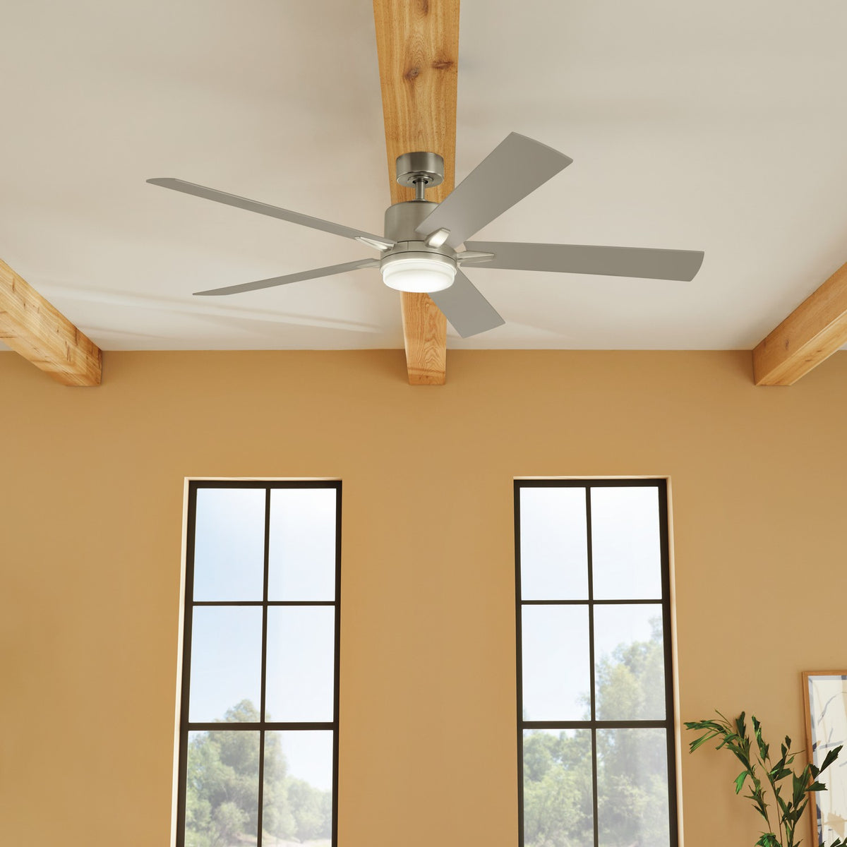 KICHLER 330060NI 60 Inch Lucian Elite Xl 5 Blade Indoor Ceiling Fan With Etched Cased Opal Glass In Brushed Nickel With Reversible Walnut And Silver Blades