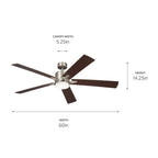 KICHLER 330060NI 60 Inch Lucian Elite Xl 5 Blade Indoor Ceiling Fan With Etched Cased Opal Glass In Brushed Nickel With Reversible Walnut And Silver Blades
