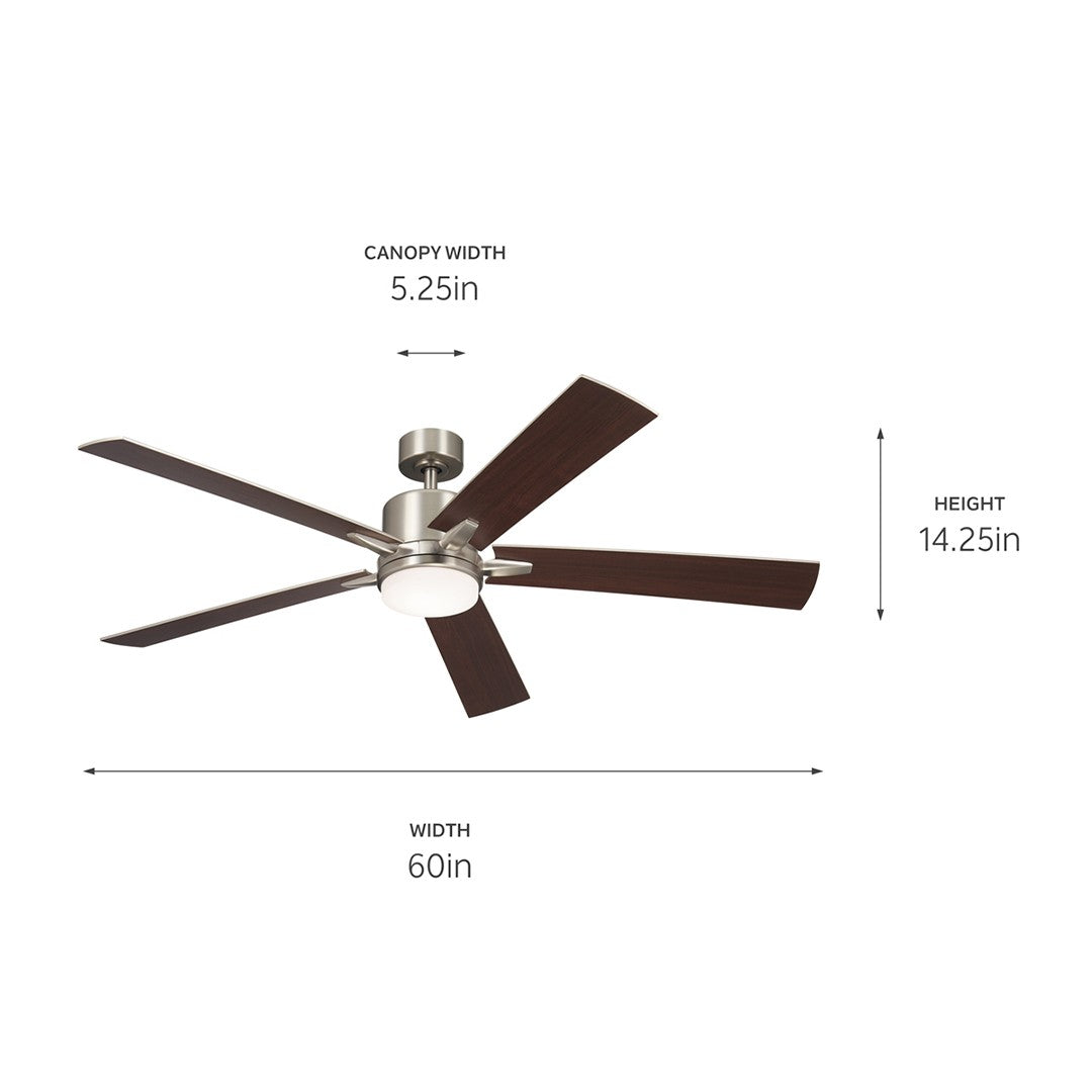 KICHLER 330060NI 60 Inch Lucian Elite Xl 5 Blade Indoor Ceiling Fan With Etched Cased Opal Glass In Brushed Nickel With Reversible Walnut And Silver Blades