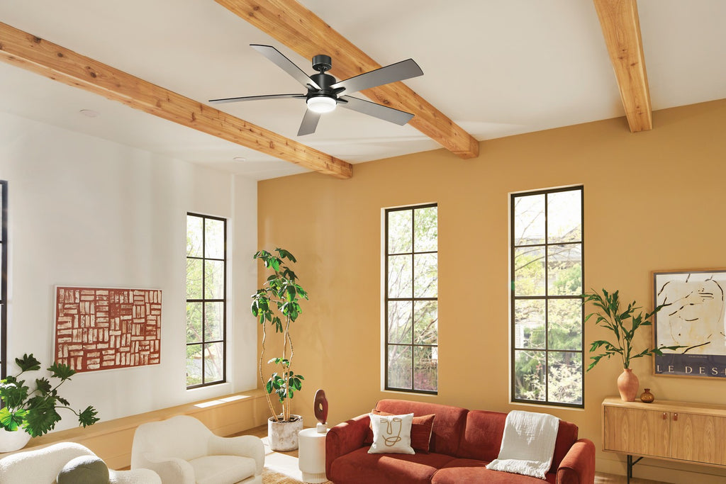 KICHLER 330060SBK 60 Inch Lucian Elite Xl 5 Blade Indoor Ceiling Fan With Etched Cased Opal Glass In Satin Black With Reversible Silver And Black Blades
