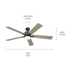 KICHLER 330060SBK 60 Inch Lucian Elite Xl 5 Blade Indoor Ceiling Fan With Etched Cased Opal Glass In Satin Black With Reversible Silver And Black Blades