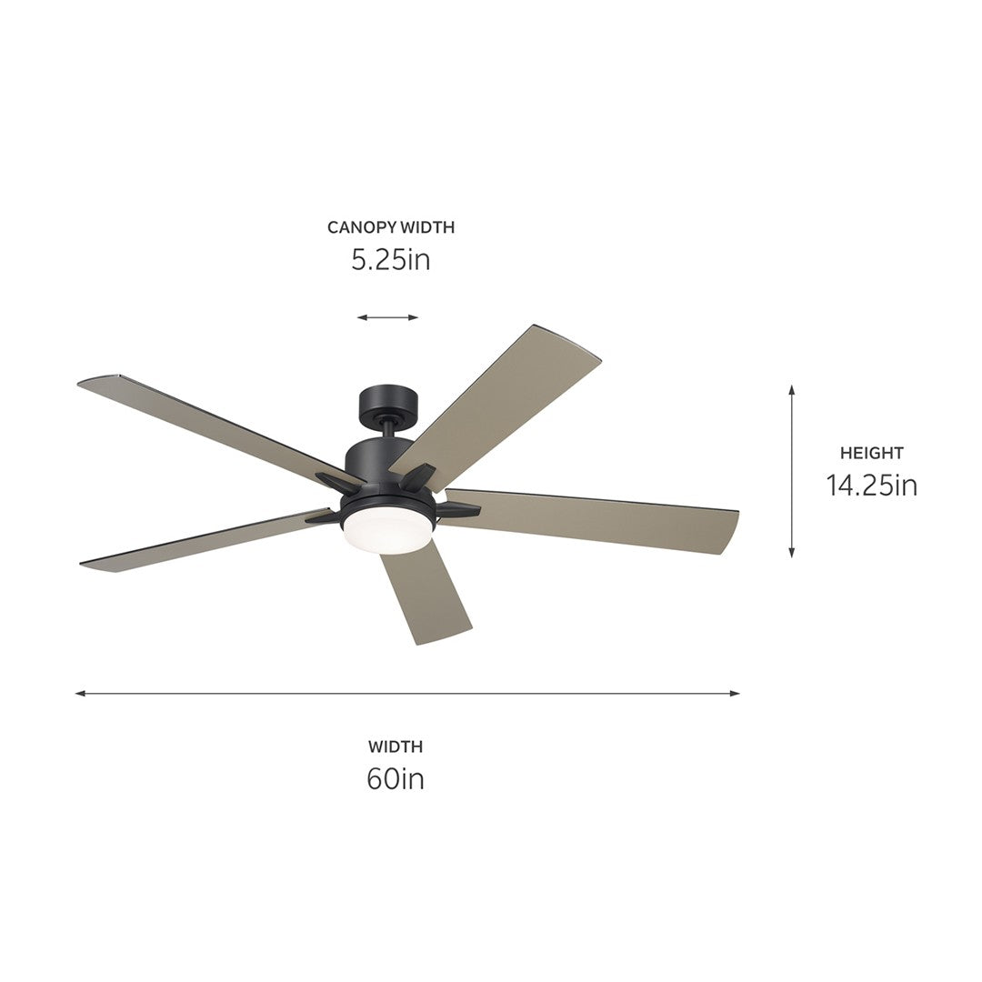 KICHLER 330060SBK 60 Inch Lucian Elite Xl 5 Blade Indoor Ceiling Fan With Etched Cased Opal Glass In Satin Black With Reversible Silver And Black Blades