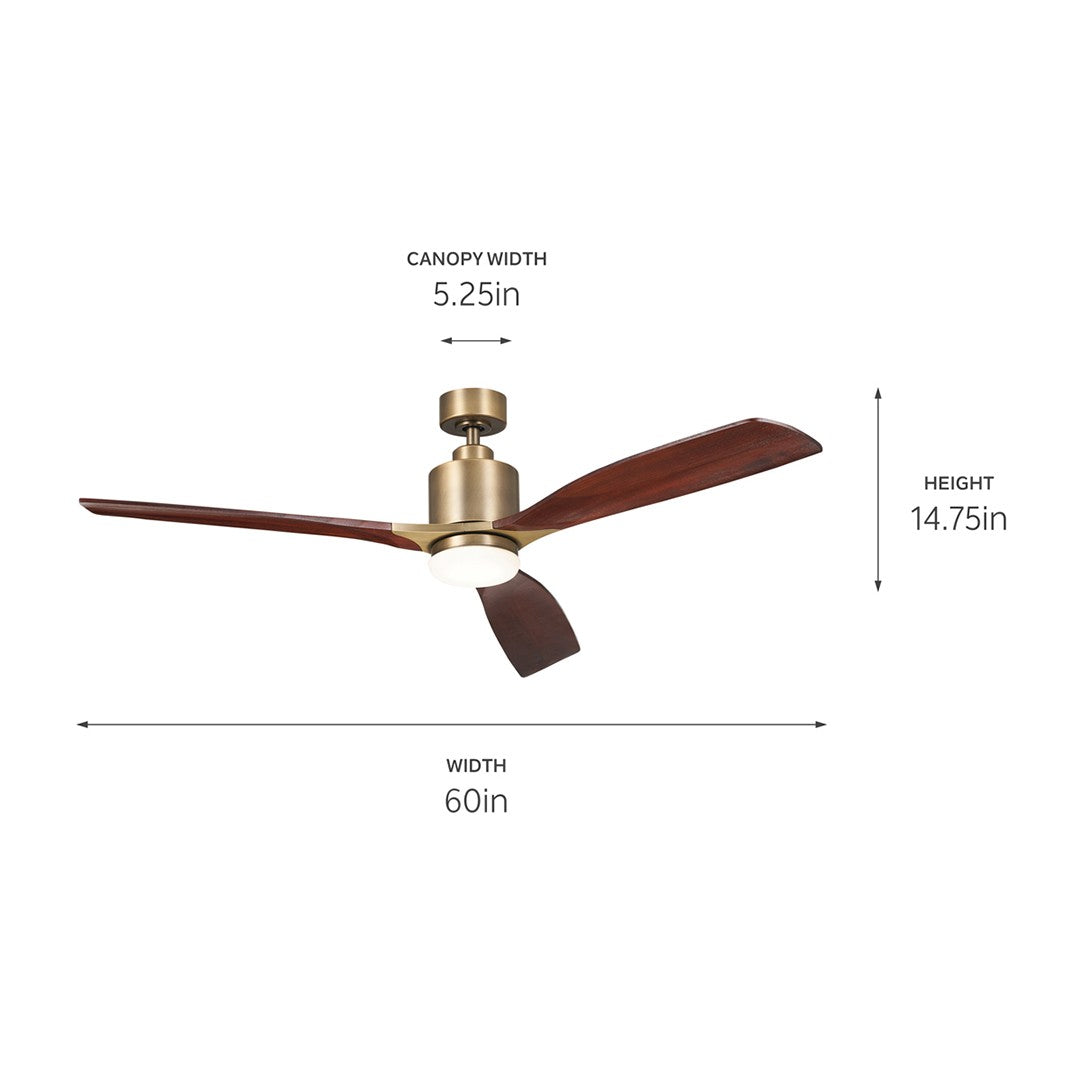 KICHLER 300075NBR 60 Inch Ridley Ii 3 Blade Indoor Ceiling Fan With Etched Cased Opal Glass In Natural Brass With Cherry Blades