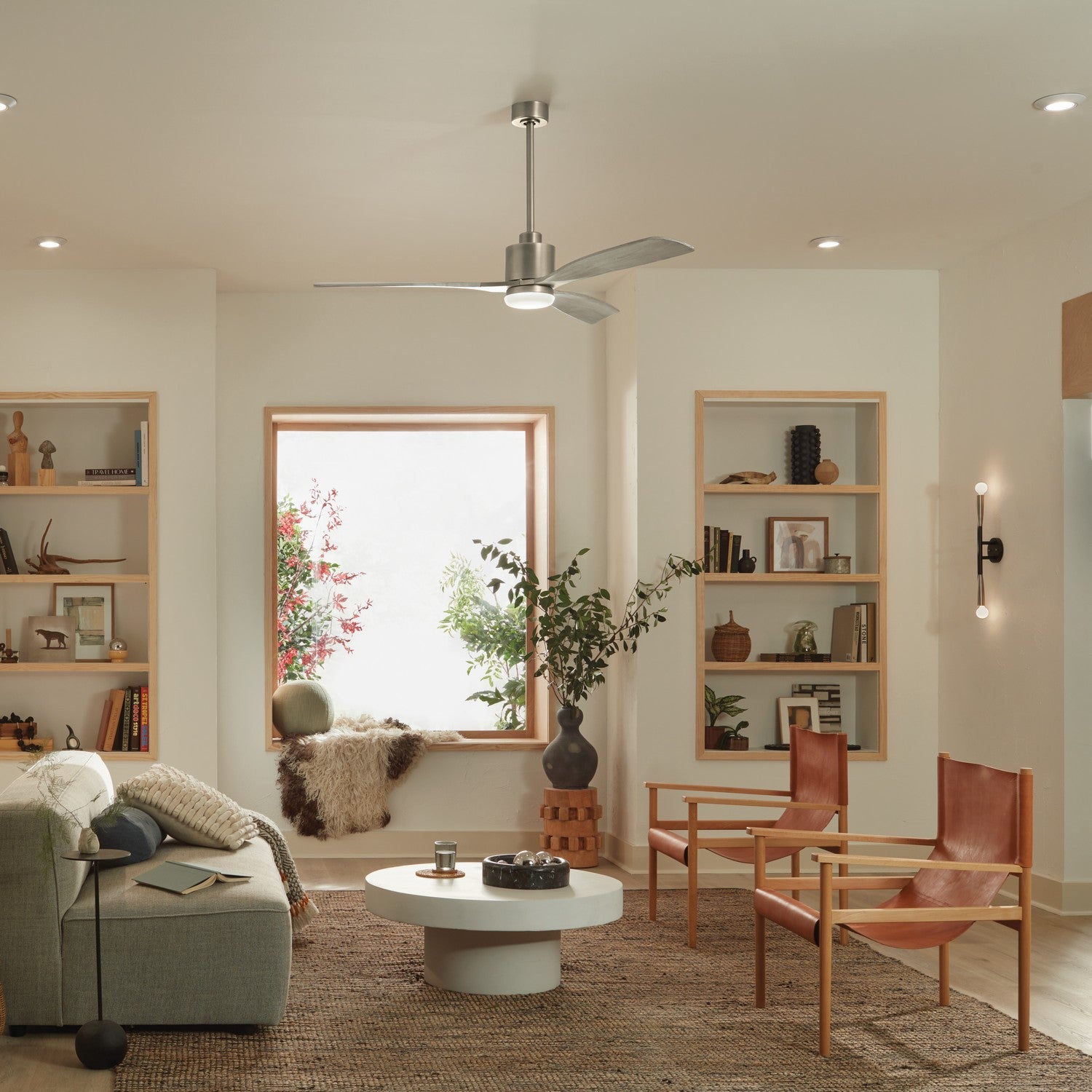 KICHLER 300075AP 60 Inch Ridley Ii 3 Blade Indoor Ceiling Fan With Etched Cased Opal Glass In Antique Pewter With Weathered White Walnut Blades