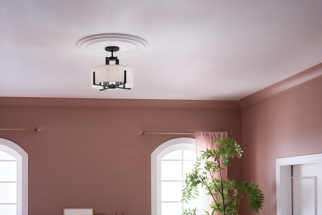 KICHLER 52591BK Malen 15.5 Inch 4 Light Semi-Flush With White Fabric Shade In Black