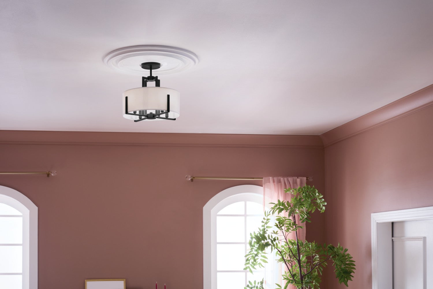 KICHLER 52591BK Malen 15.5 Inch 4 Light Semi-Flush With White Fabric Shade In Black