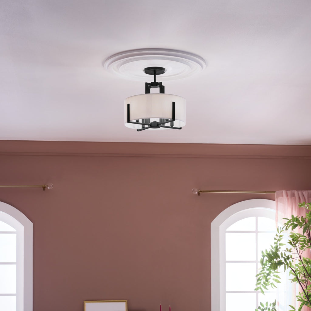 KICHLER 52591BK Malen 15.5 Inch 4 Light Semi-Flush With White Fabric Shade In Black
