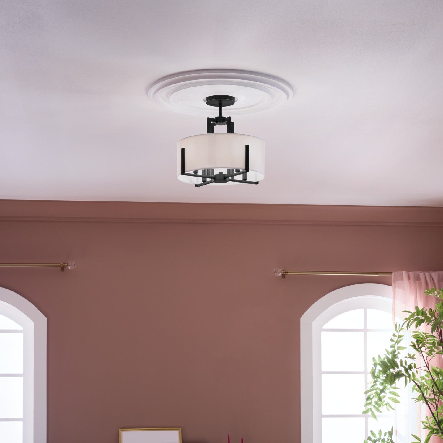 KICHLER 52591BK Malen 15.5 Inch 4 Light Semi-Flush With White Fabric Shade In Black