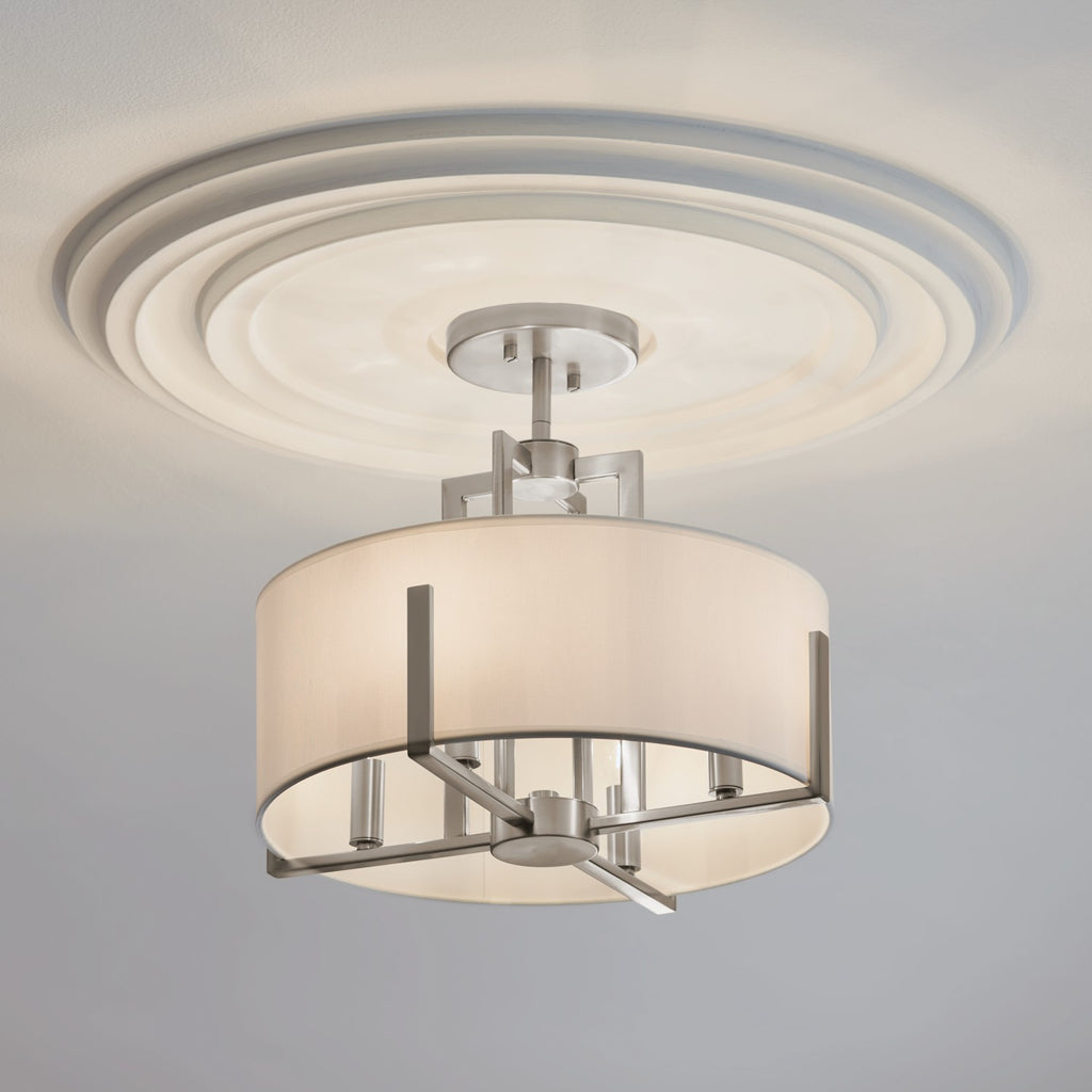 KICHLER 52591CLP Malen 15.5 Inch 4 Light Semi-Flush With White Fabric Shade In Classic Pewter