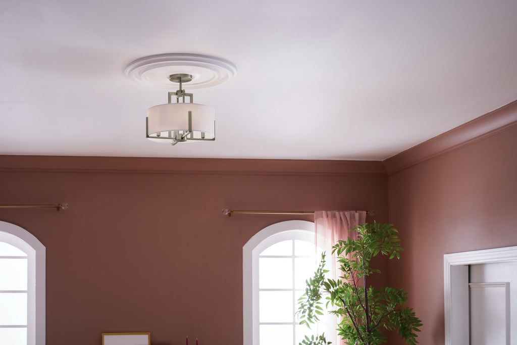 KICHLER 52591CLP Malen 15.5 Inch 4 Light Semi-Flush With White Fabric Shade In Classic Pewter