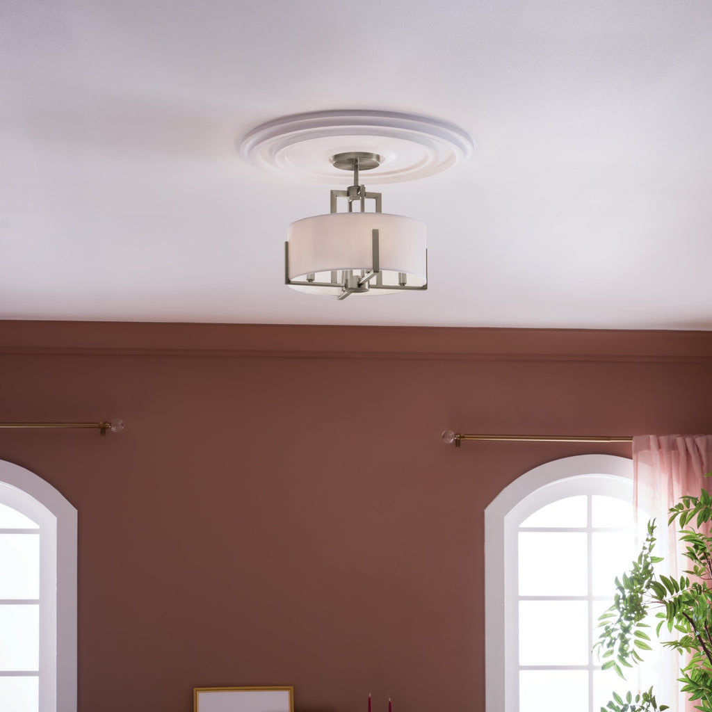 KICHLER 52591CLP Malen 15.5 Inch 4 Light Semi-Flush With White Fabric Shade In Classic Pewter