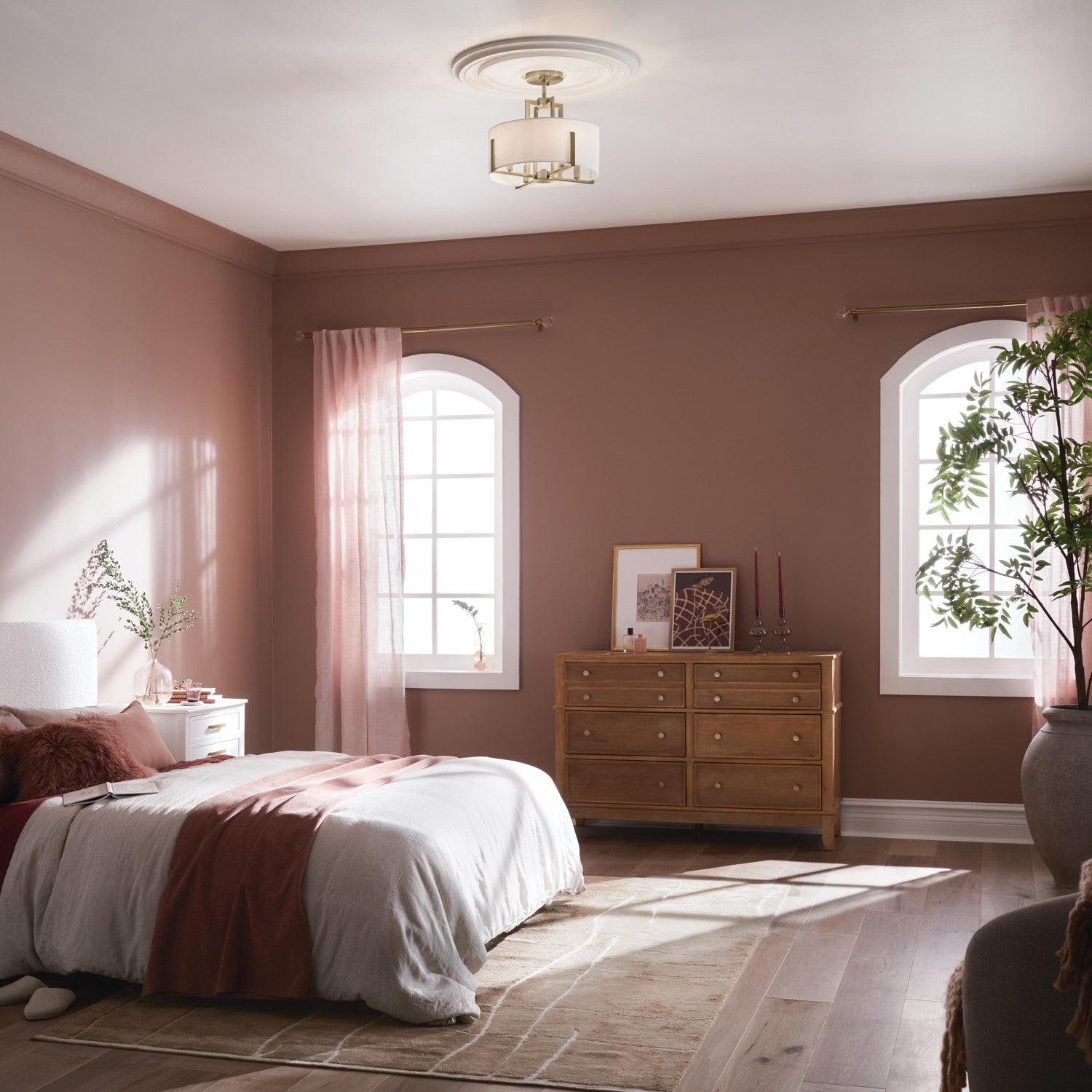 KICHLER 52591CPZ Malen 15.5 Inch 4 Light Semi-Flush With White Fabric Shade In Champagne Bronze