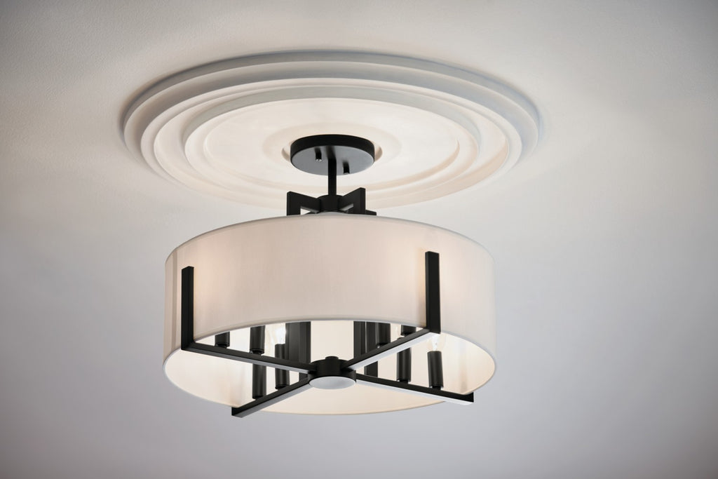 KICHLER 52592BK Malen 20 Inch 8 Light Semi-Flush With White Fabric Shade In Black