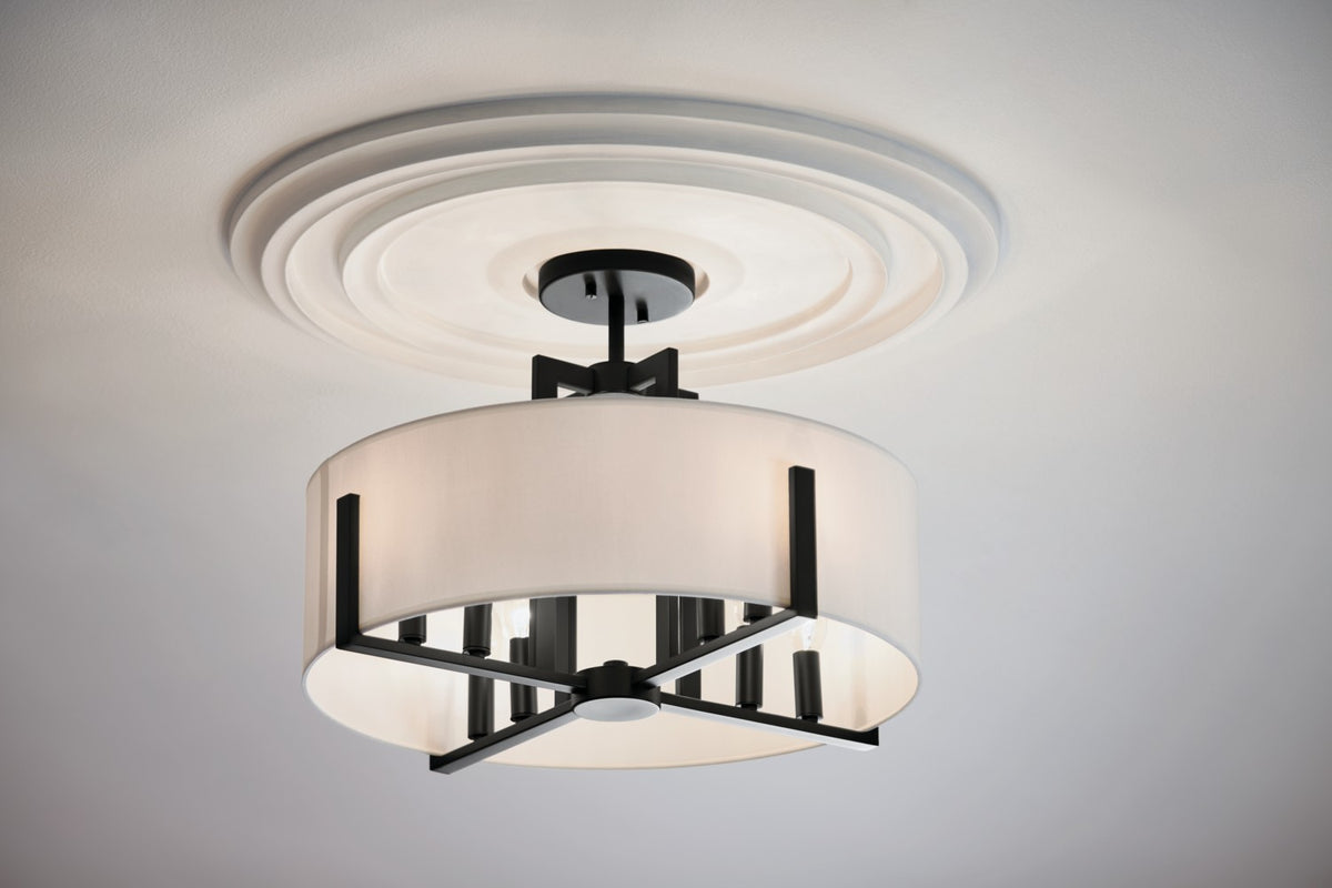 KICHLER 52592BK Malen 20 Inch 8 Light Semi-Flush With White Fabric Shade In Black