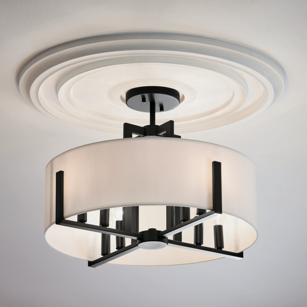 KICHLER 52592BK Malen 20 Inch 8 Light Semi-Flush With White Fabric Shade In Black