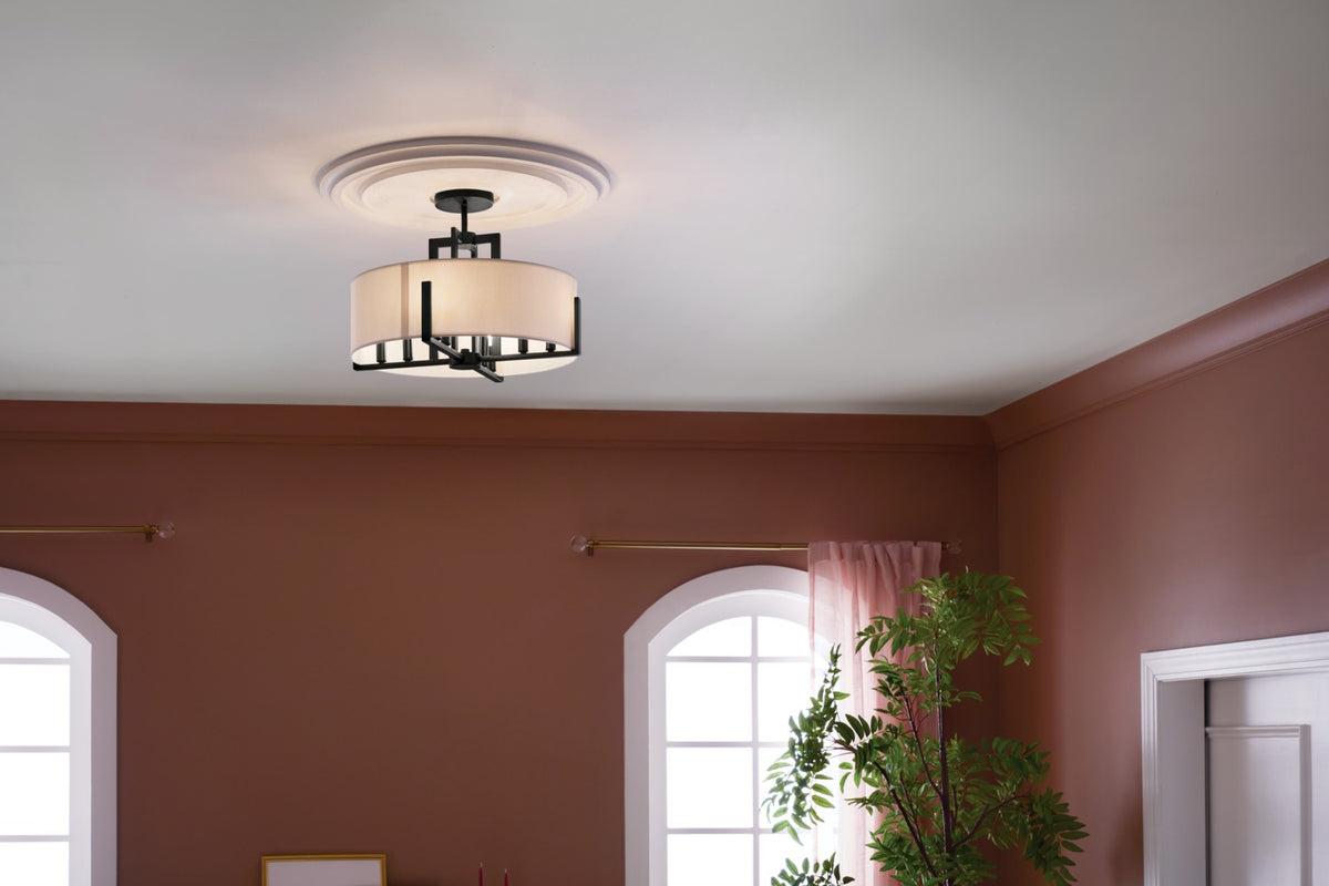 KICHLER 52592BK Malen 20 Inch 8 Light Semi-Flush With White Fabric Shade In Black