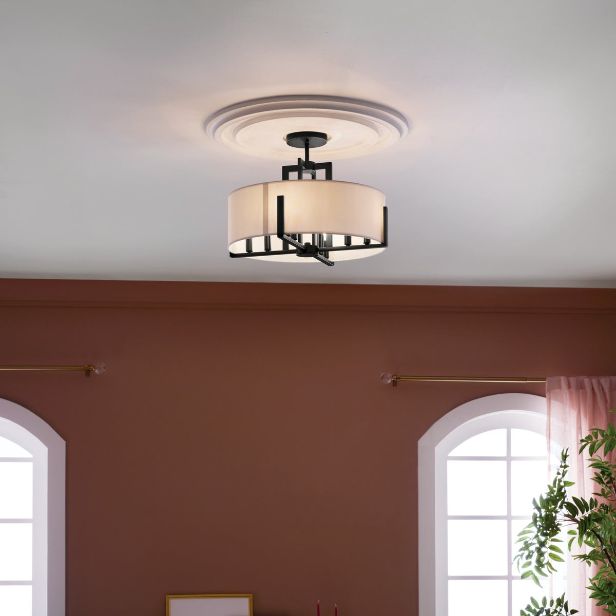 KICHLER 52592BK Malen 20 Inch 8 Light Semi-Flush With White Fabric Shade In Black