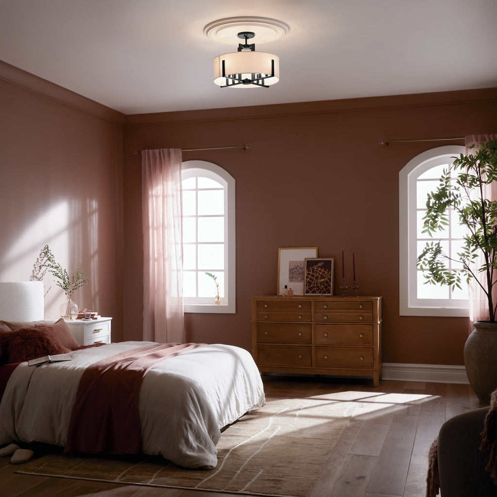 KICHLER 52592BK Malen 20 Inch 8 Light Semi-Flush With White Fabric Shade In Black
