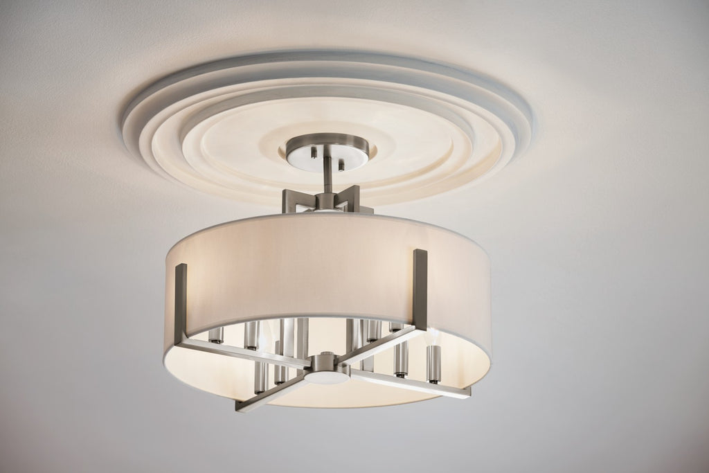 KICHLER 52592CLP Malen 20 Inch 8 Light Semi-Flush With White Fabric Shade In Classic Pewter