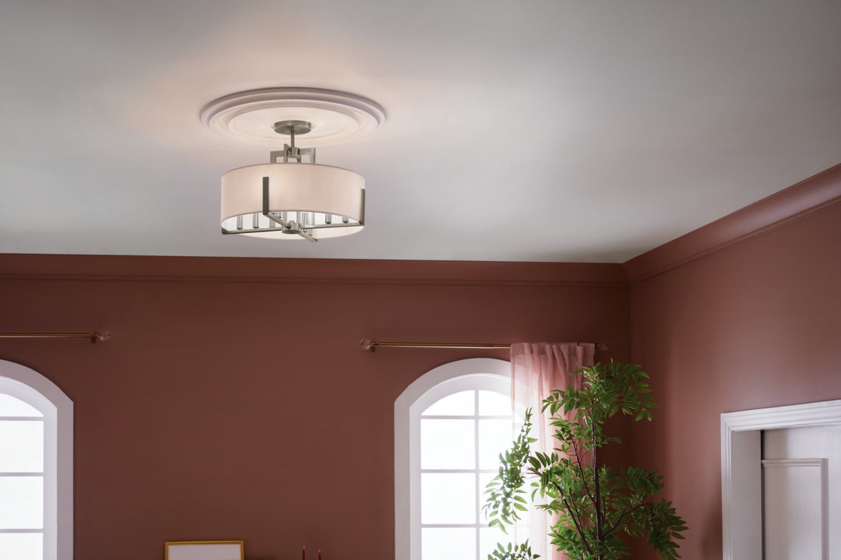 KICHLER 52592CLP Malen 20 Inch 8 Light Semi-Flush With White Fabric Shade In Classic Pewter