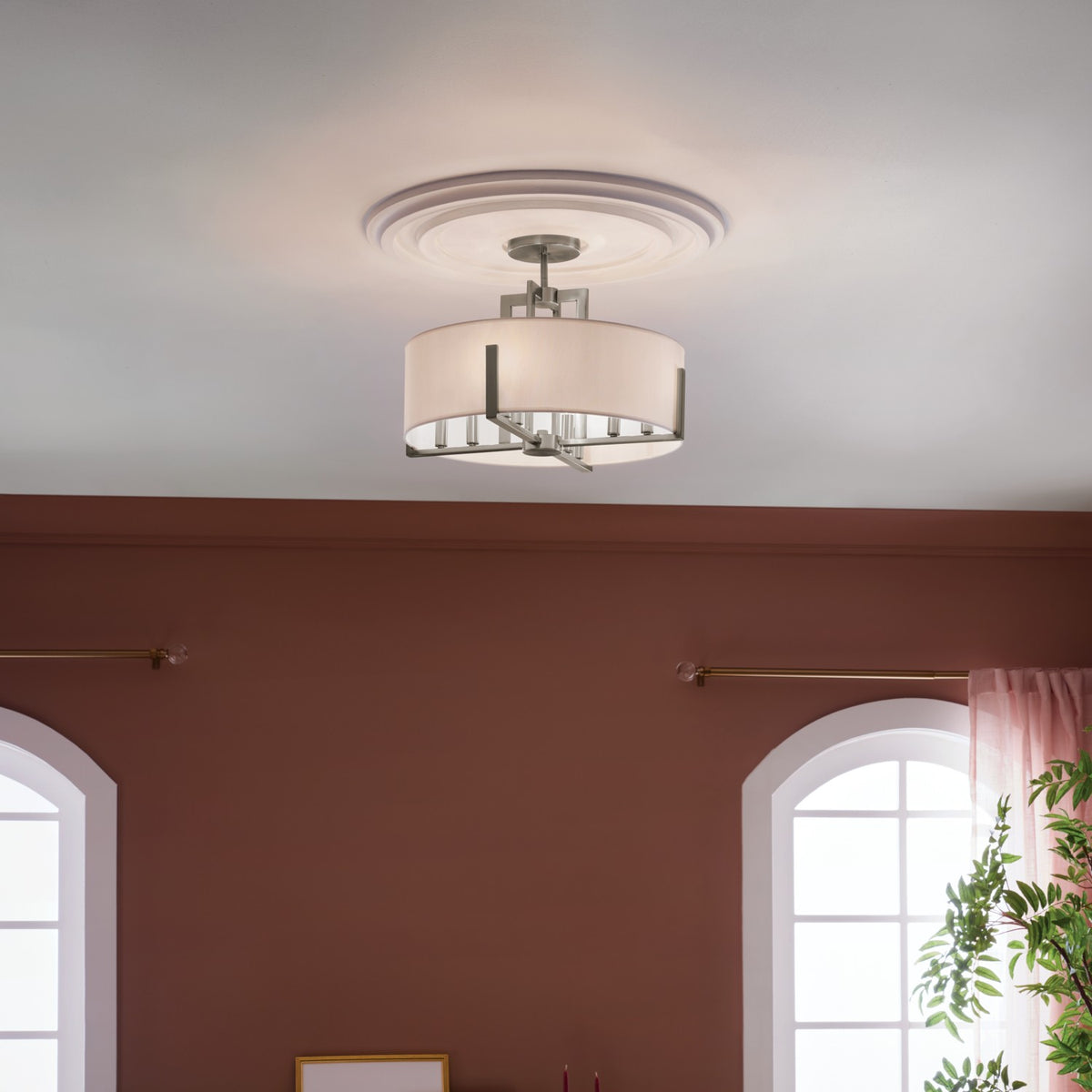 KICHLER 52592CLP Malen 20 Inch 8 Light Semi-Flush With White Fabric Shade In Classic Pewter