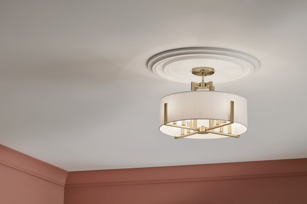 KICHLER 52592CPZ Malen 20 Inch 8 Light Semi-Flush With White Fabric Shade In Champagne Bronze