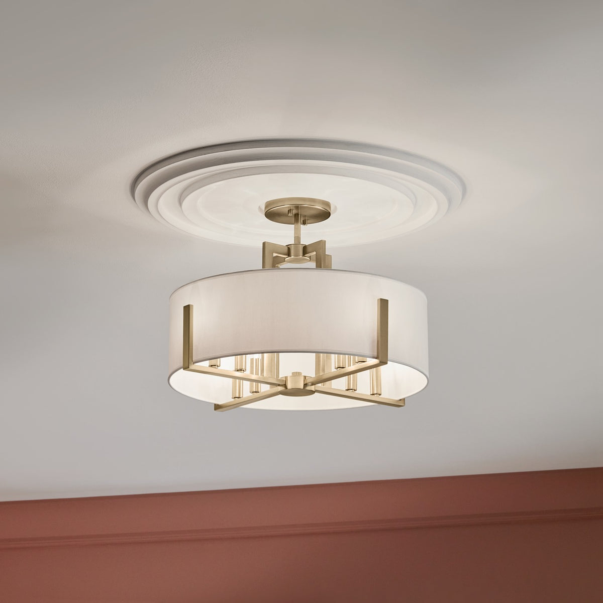 KICHLER 52592CPZ Malen 20 Inch 8 Light Semi-Flush With White Fabric Shade In Champagne Bronze