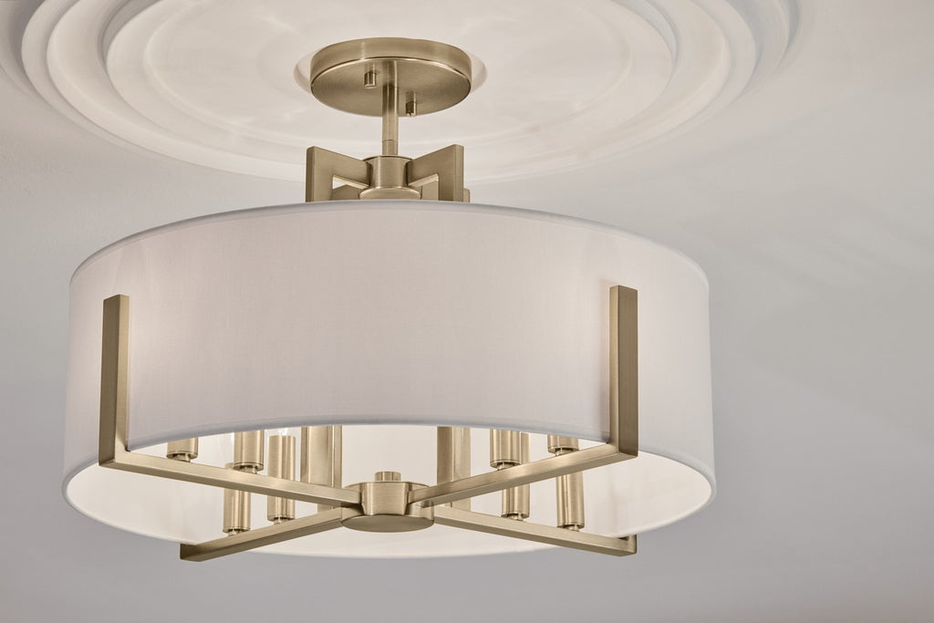 KICHLER 52592CPZ Malen 20 Inch 8 Light Semi-Flush With White Fabric Shade In Champagne Bronze