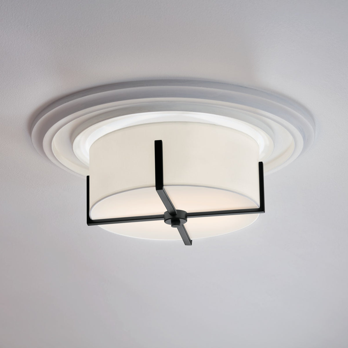 KICHLER 52593BK Malen 15.5 Inch 2 Light Flush Mount With White Fabric Shade In Black