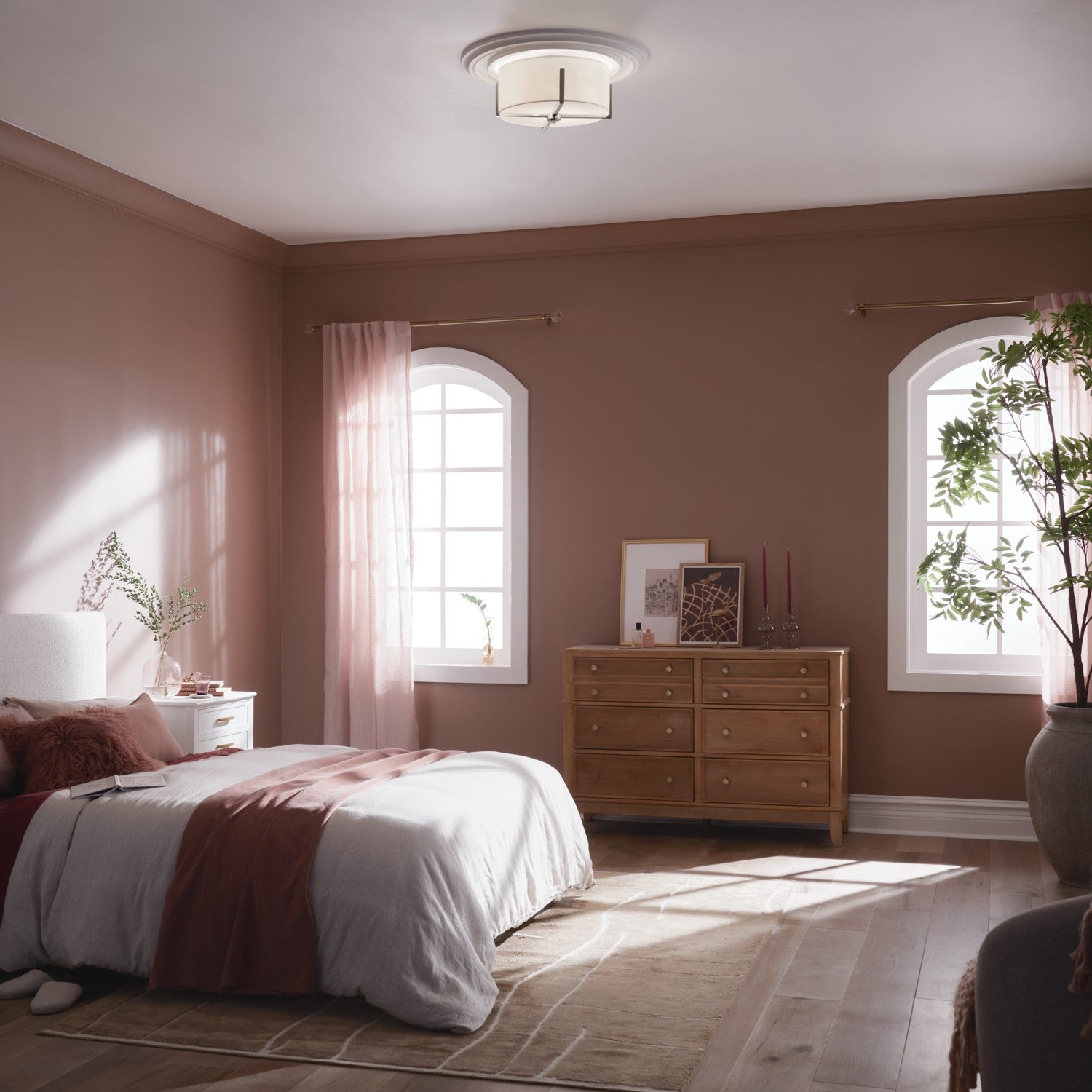 KICHLER 52593CLP Malen 15.5 Inch 2 Light Flush Mount With White Fabric Shade In Classic Pewter