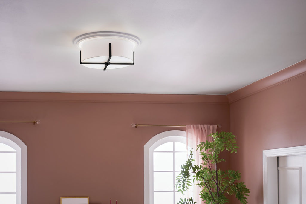 KICHLER 52594BK Malen 20 Inch 4 Light Flush Mount With White Fabric Shade In Black
