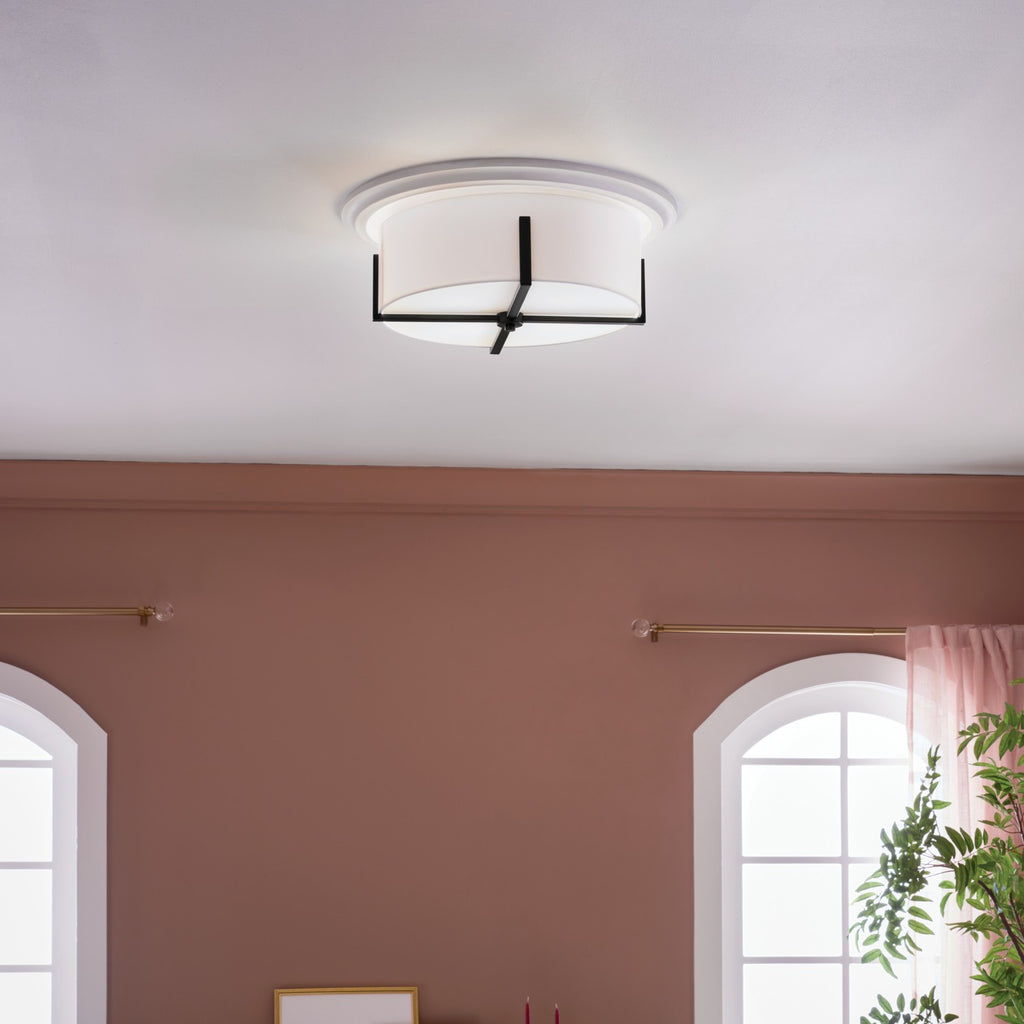 KICHLER 52594BK Malen 20 Inch 4 Light Flush Mount With White Fabric Shade In Black