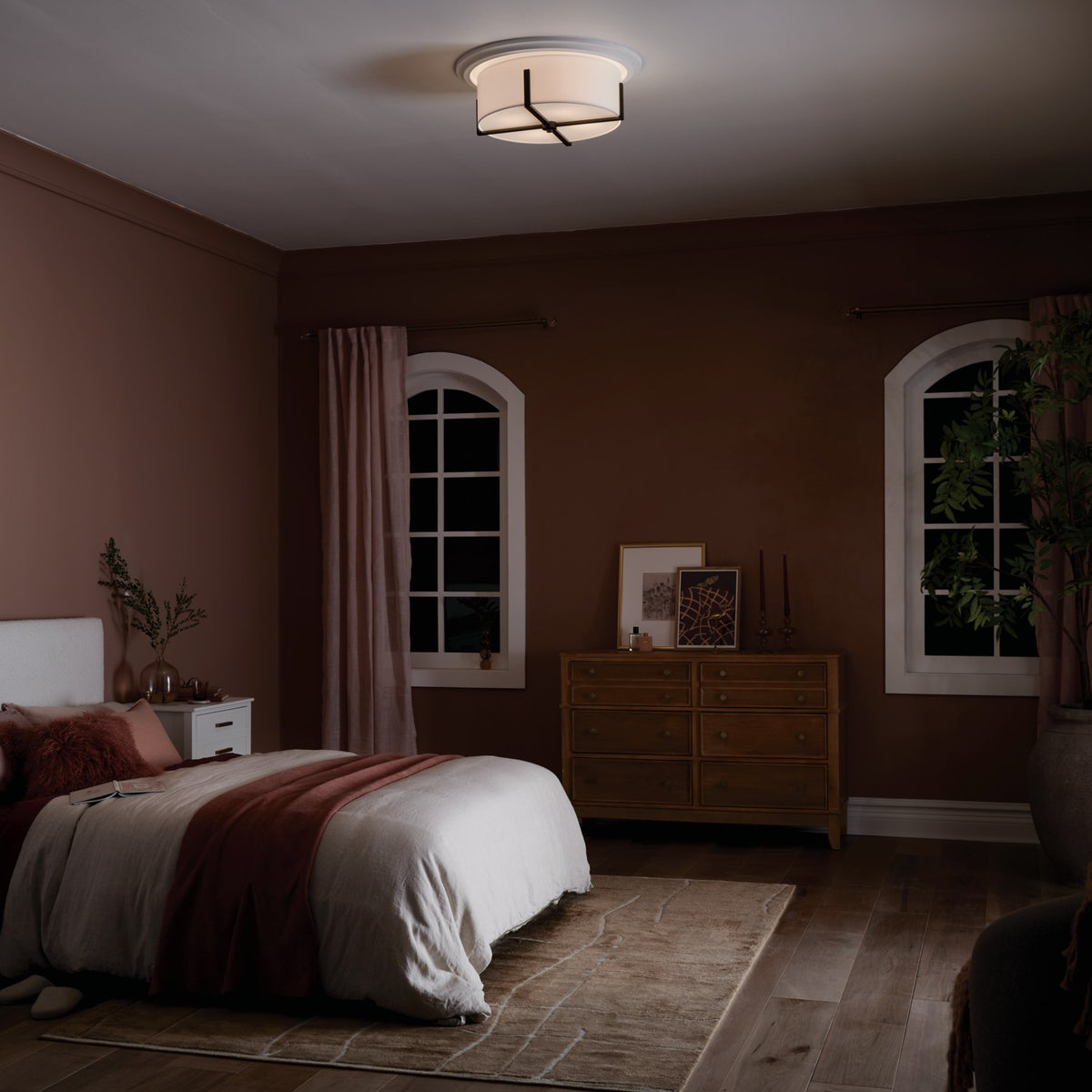 KICHLER 52594BK Malen 20 Inch 4 Light Flush Mount With White Fabric Shade In Black
