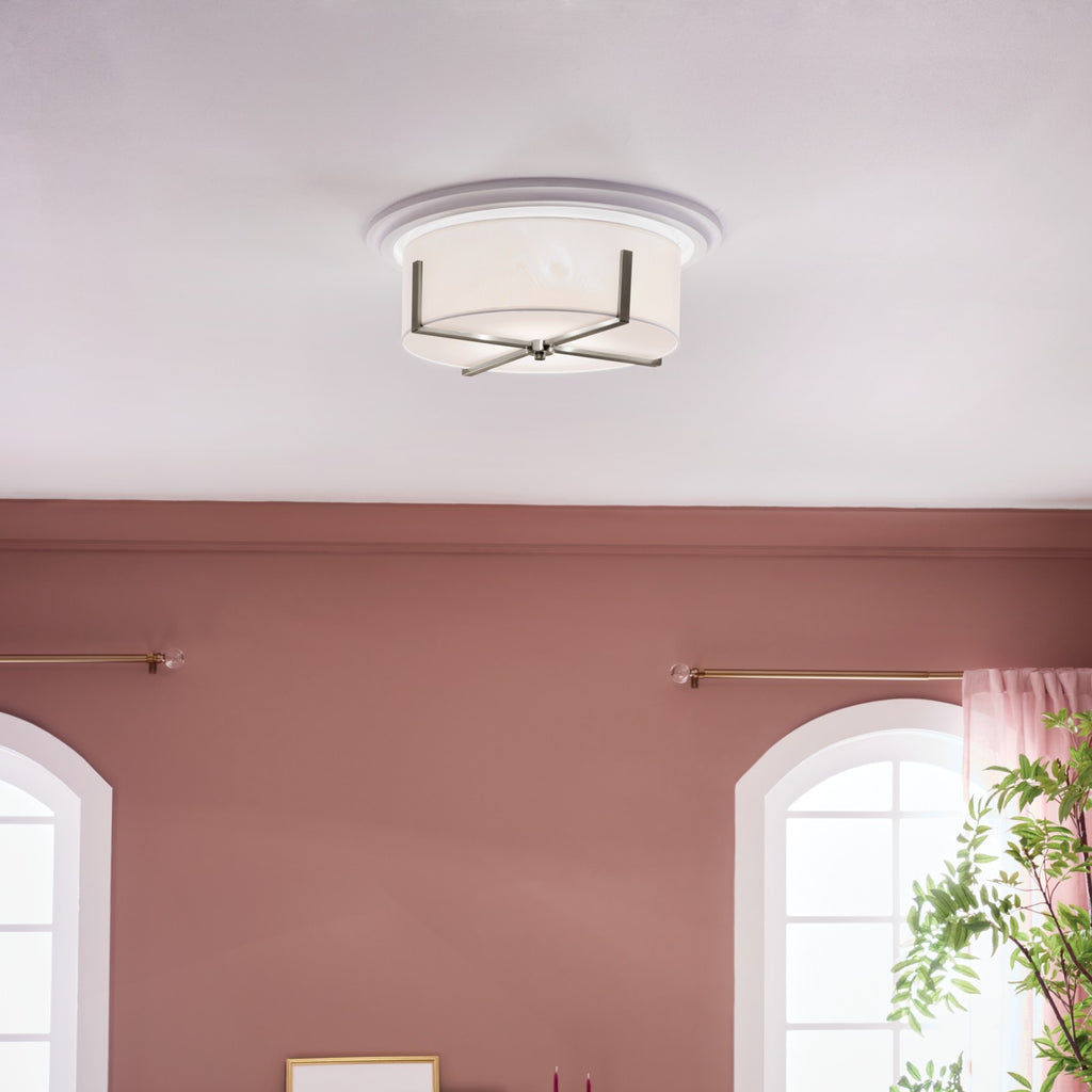 KICHLER 52594CLP Malen 20 Inch 4 Light Flush Mount With White Fabric Shade In Classic Pewter