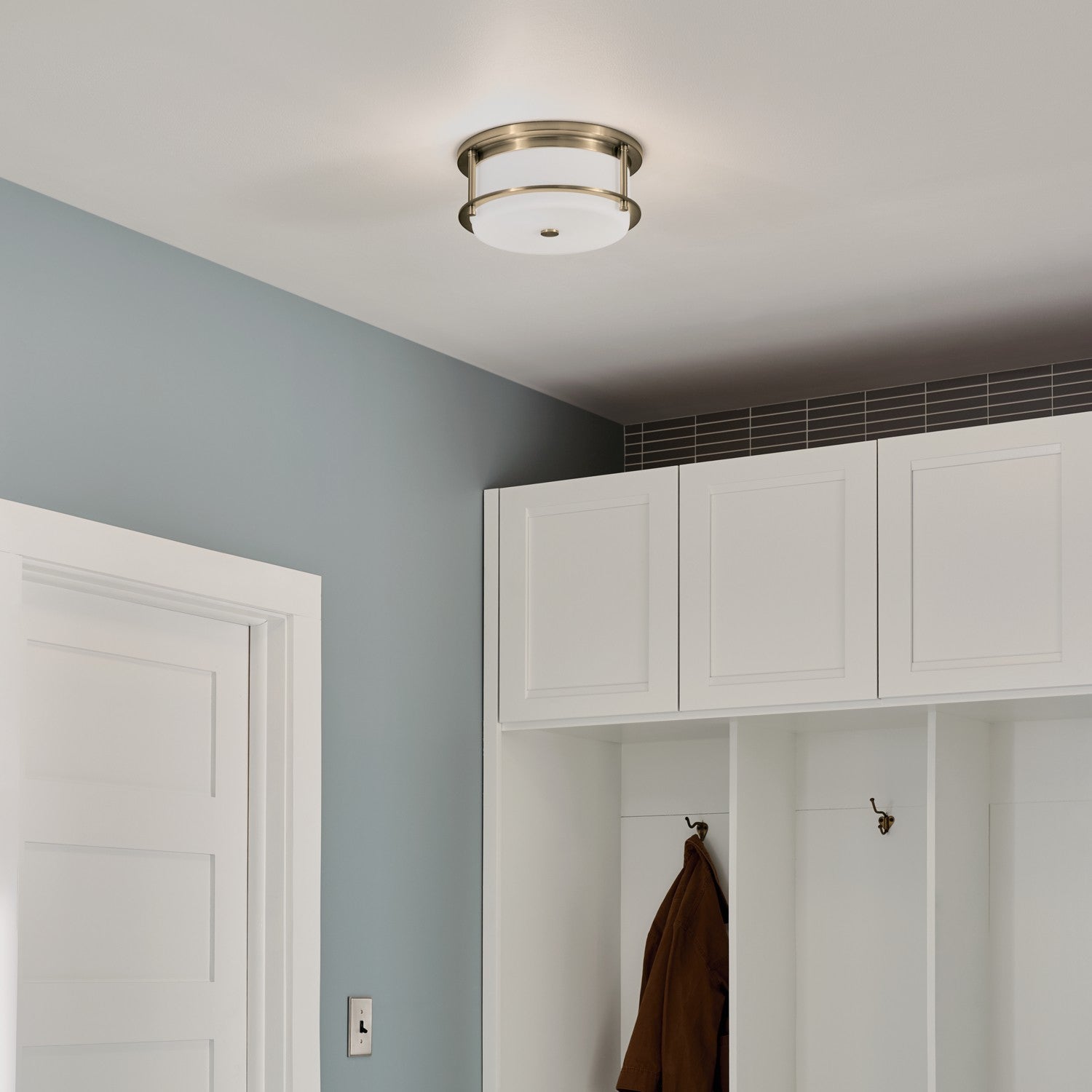 KICHLER 52595CPZ Brit 12 Inch 2 Light Flush Mount With Satin Etched Cased Opal Glass In Champagne Bronze