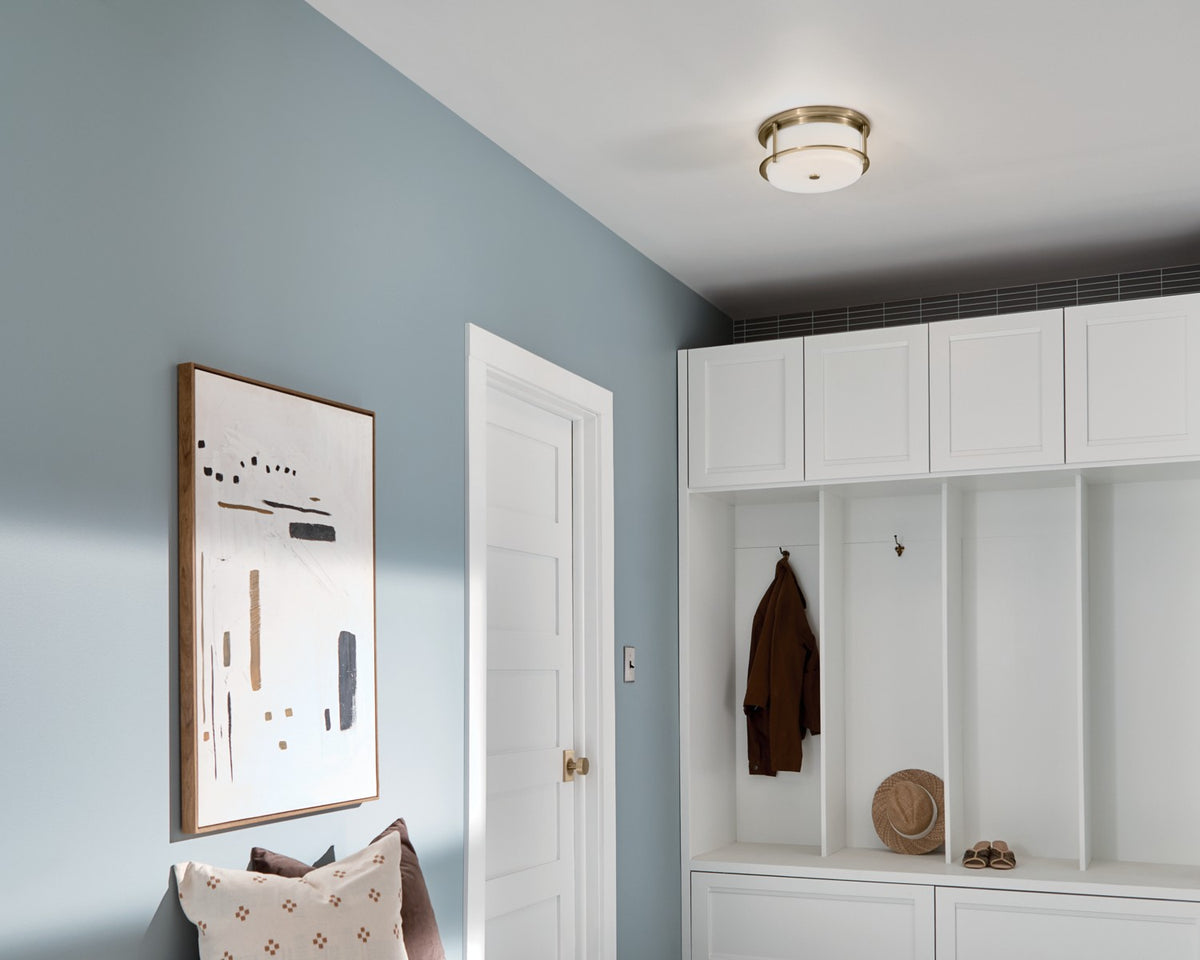KICHLER 52595CPZ Brit 12 Inch 2 Light Flush Mount With Satin Etched Cased Opal Glass In Champagne Bronze